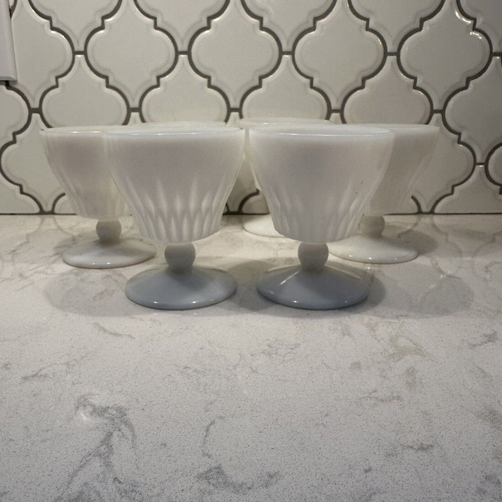 6 Vintage Hazel Atlas Starlite Milk Glass Pedestal Footed Goblets